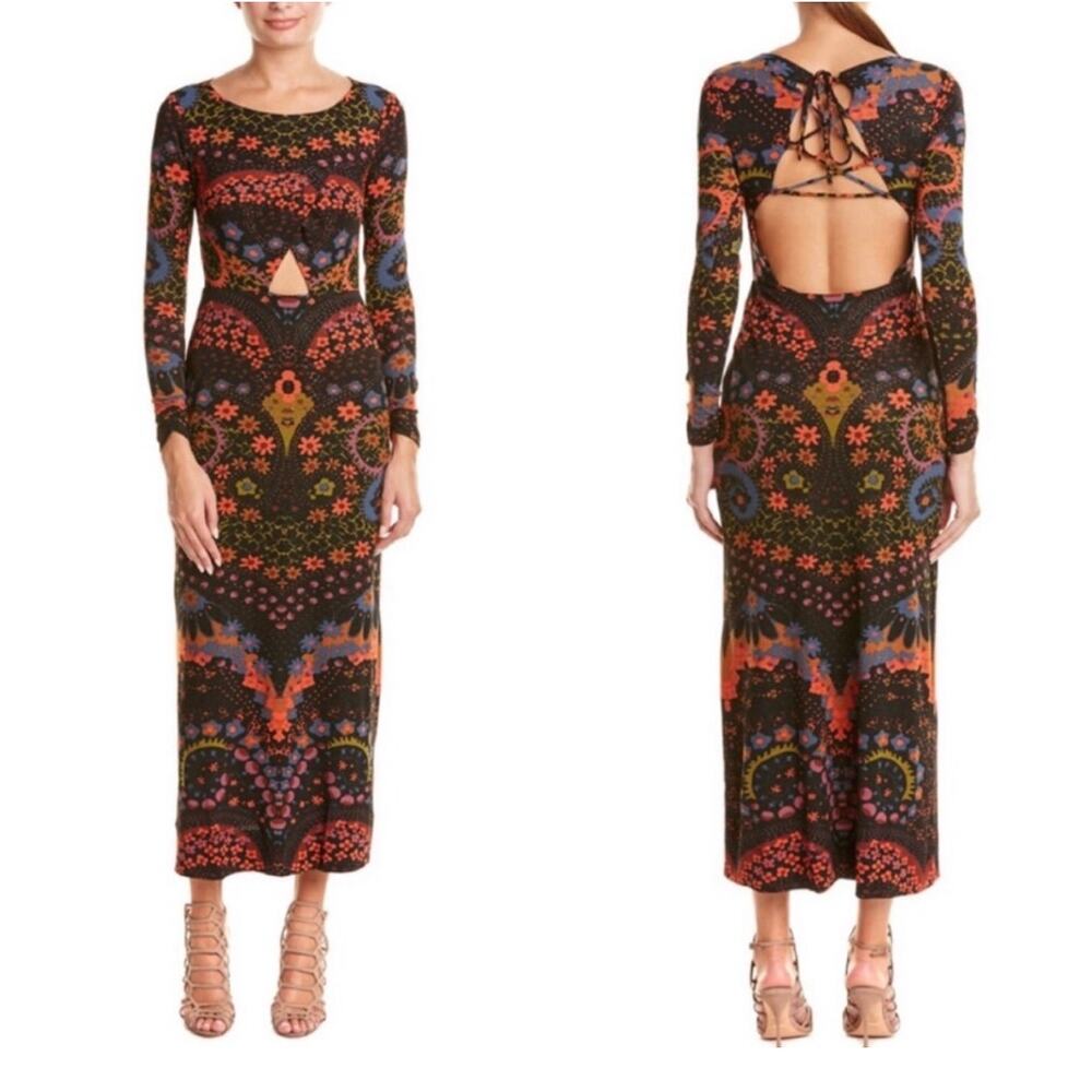 FREE PEOPLE Far Out Black Combo Maxi Dress Size Medium Dark Floral Cut Out Boho - Picture 4 of 13